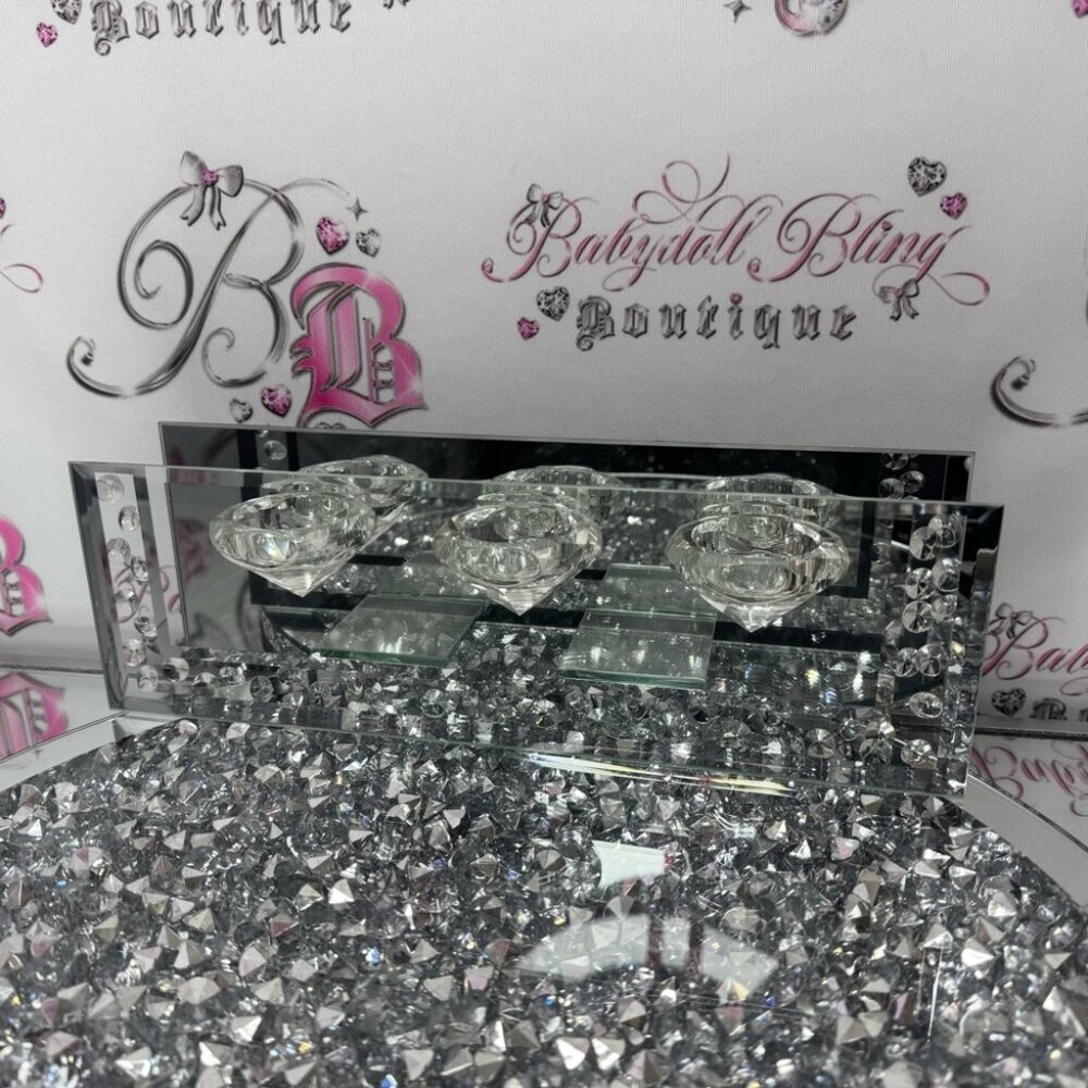 Crystal Candle Holder with Mirror Accents 3 holder diamond shape